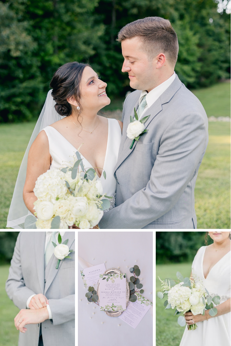 Couple smiling together, closeup of bride and groom, and wedding invitation suite