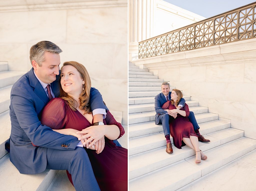 couple snuggling on supreme court steps