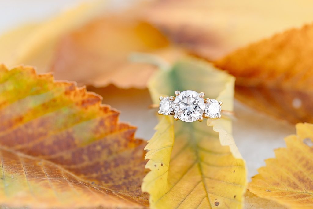 engagement ring wrapped around yellow and orange fall leaves