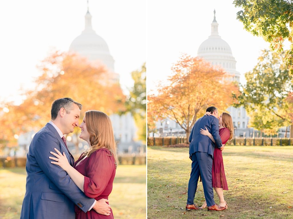 couple embracing in front of US capitol with fall leaves