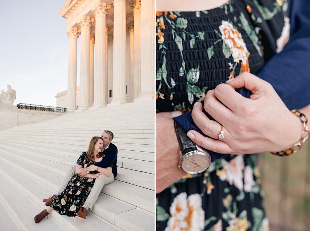 couple sitting on Supreme Court steps and closeup of engagement ring