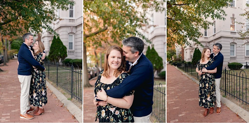 couple snuggling in Capitol Hill engagement session