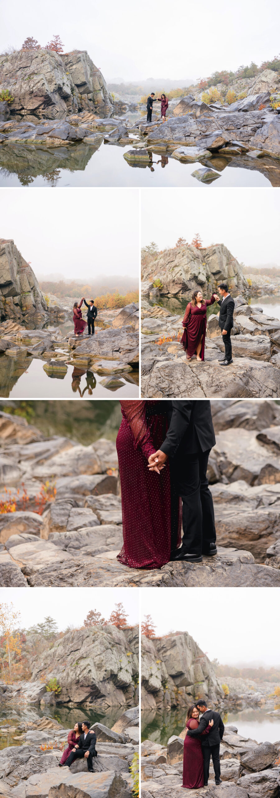 couple dressed in formal wear exploring a rocky riverbank in maryland
