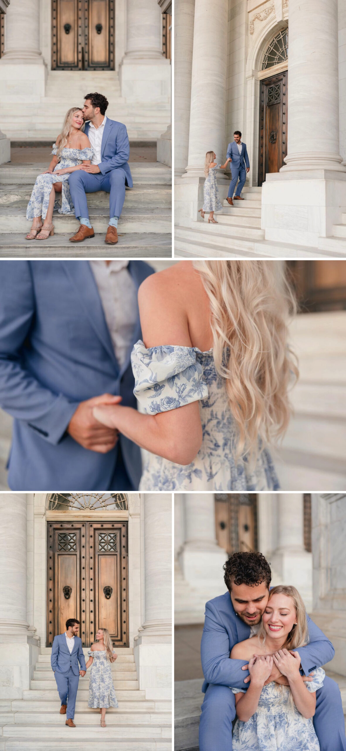 Couple in formal attire sitting on the steps at DAR Constitution Hall in Washington DC 