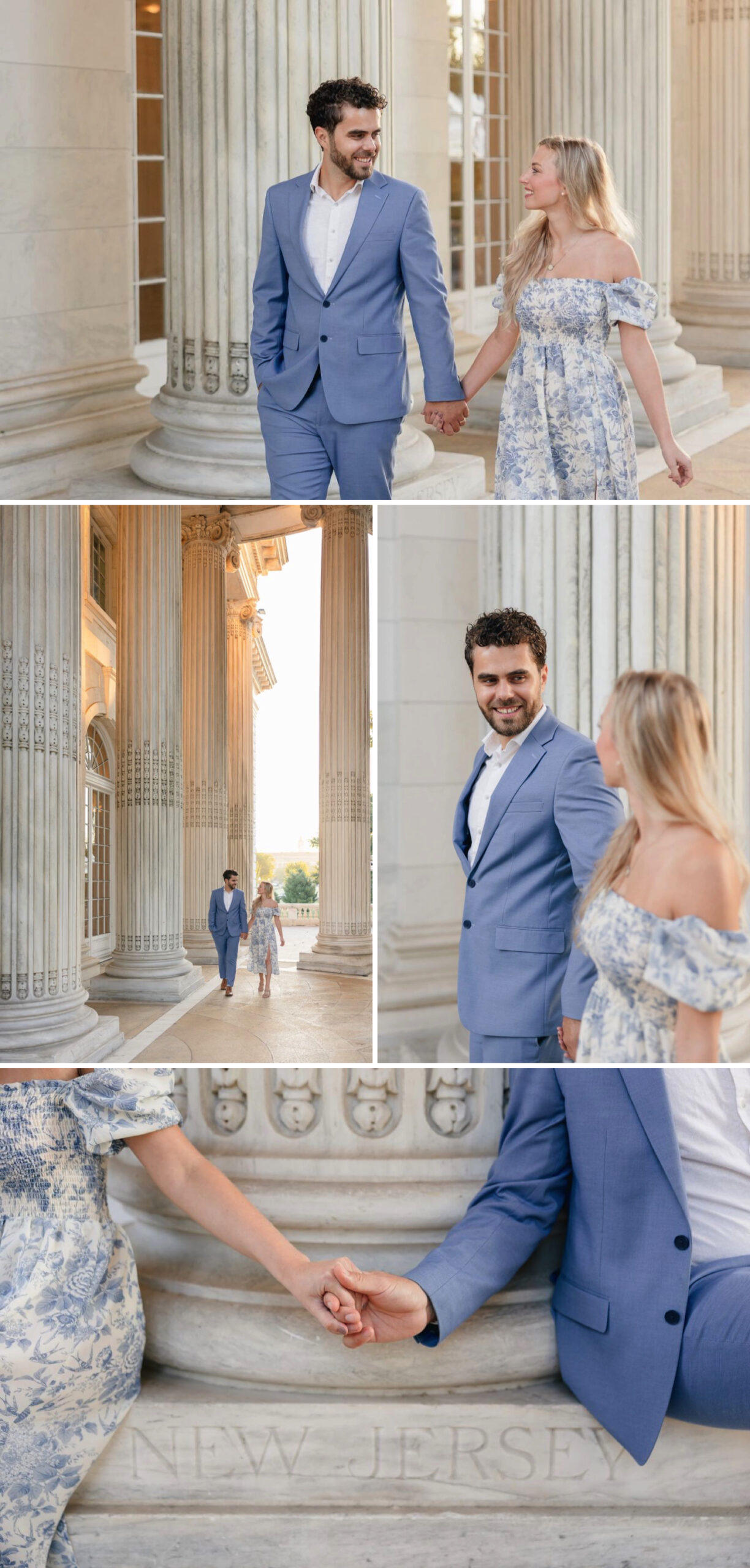 Couple wearing formal attire holding hands and walking through the portico at DAR Constitution Hall in Washington DC for their engagement session