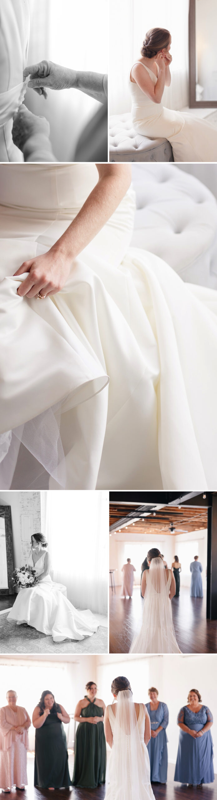 Bride putting on her wedding dress and earrings 