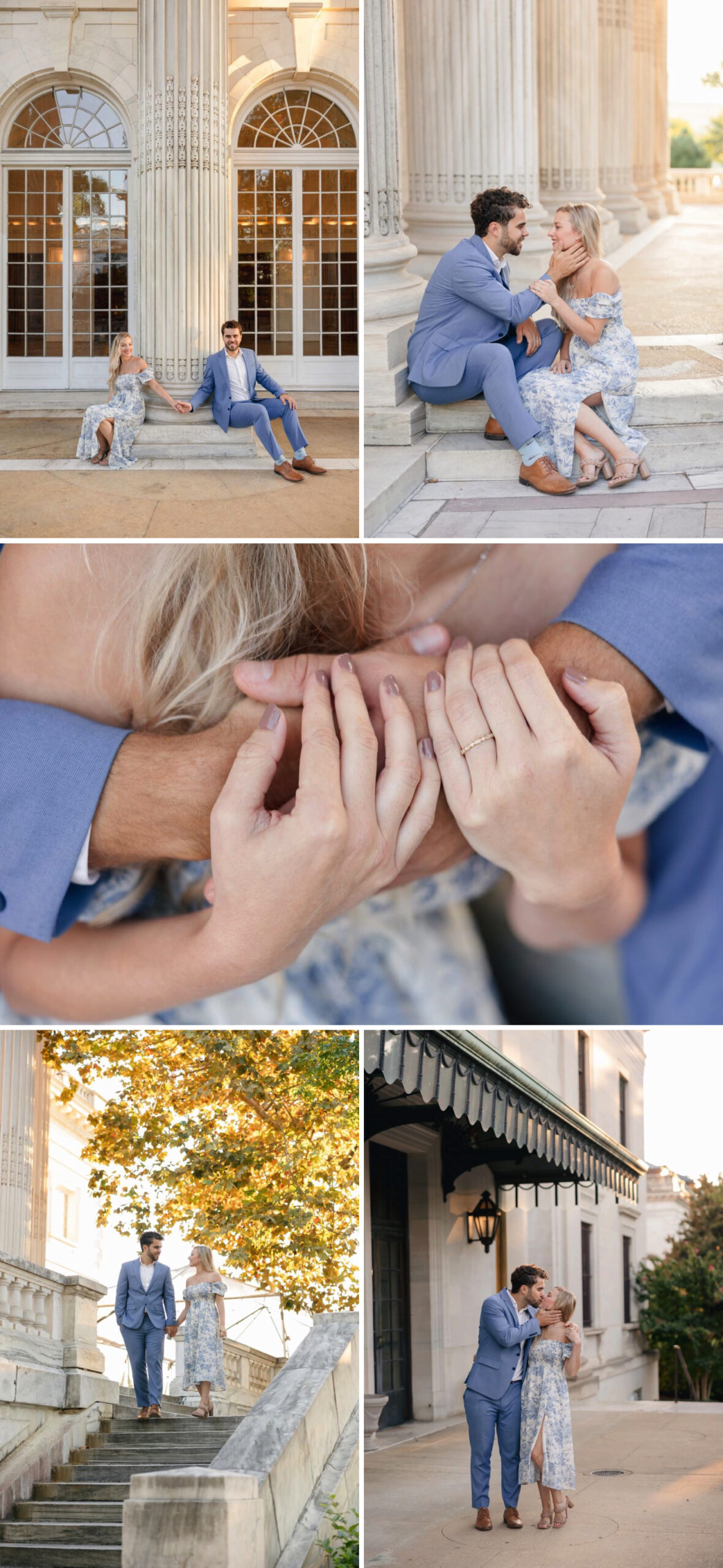 Couple embracing on the steps at DAR Constitution Hall in Washington DC, photographed by Michelle Jones Photo