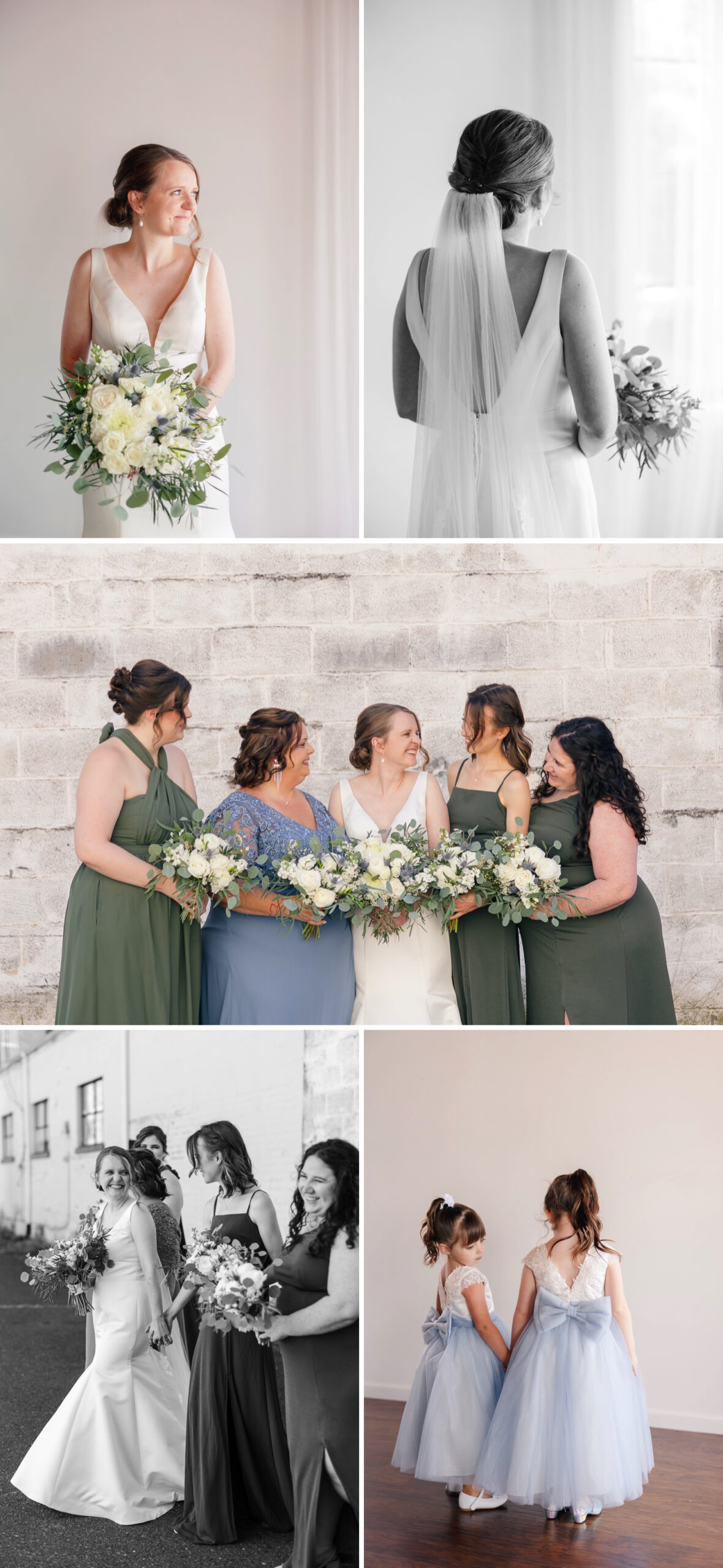 Bridesmaids portraits in front of white stone wall outside of The Refinery in Culpeper Virginia