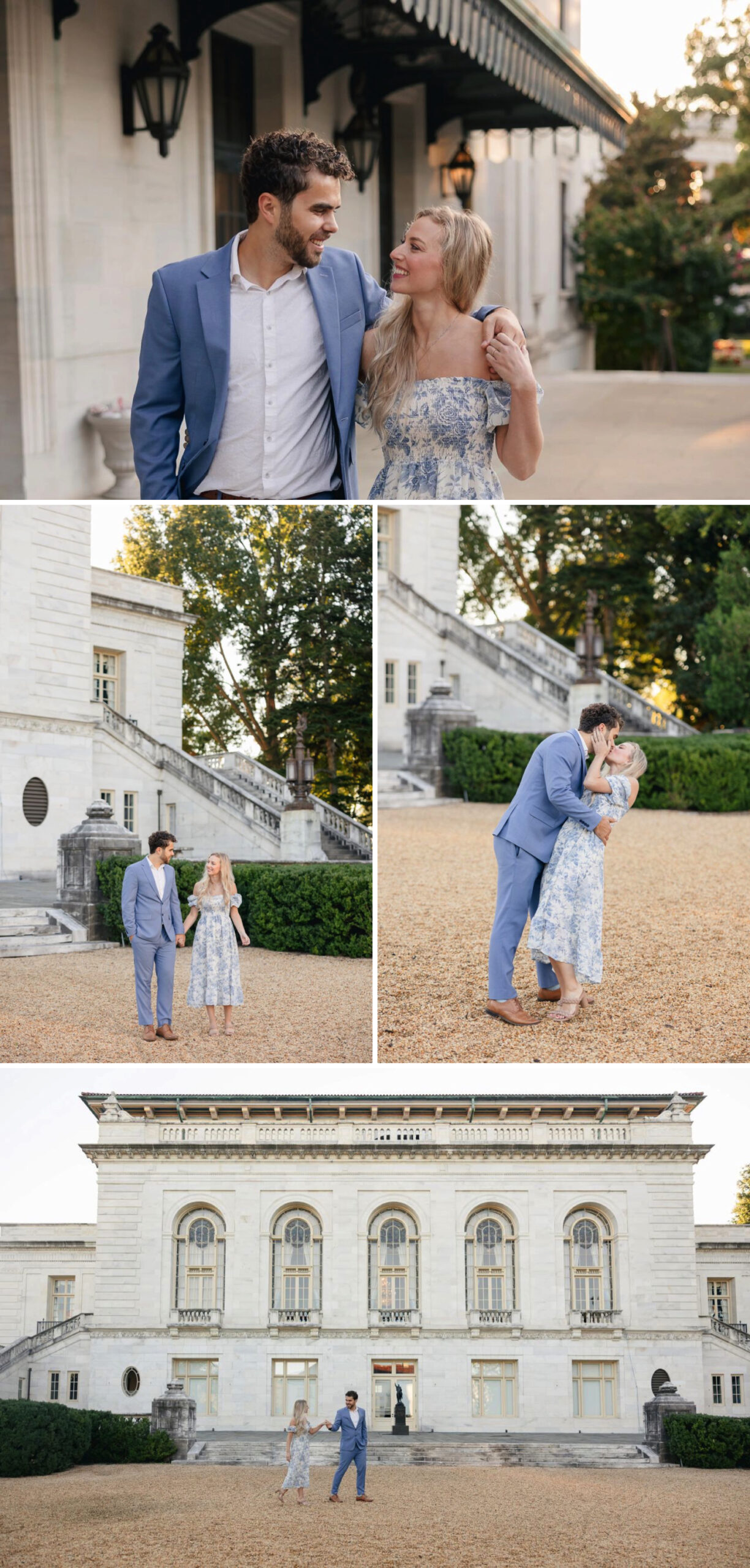 Man and woman kissing in a garden in front of a limestone building with arched windows in Washington DC 