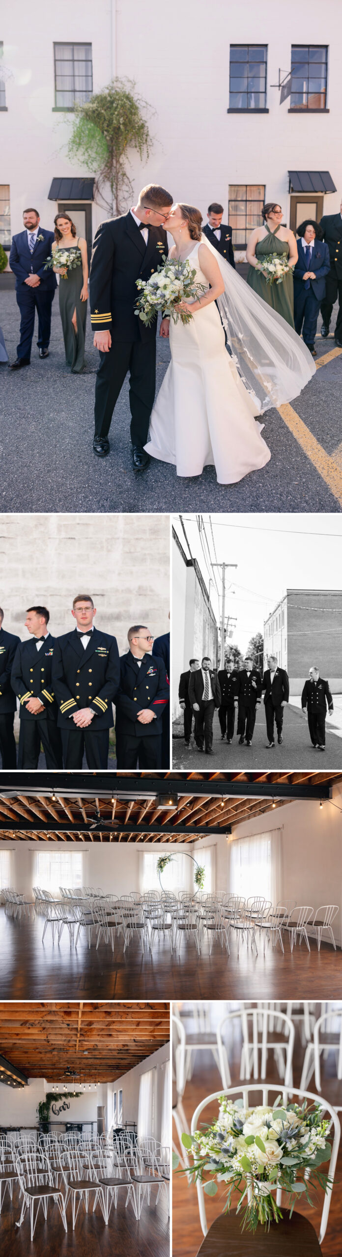 Groomsmen portraits in front of white stone wall outside of the Refinery 