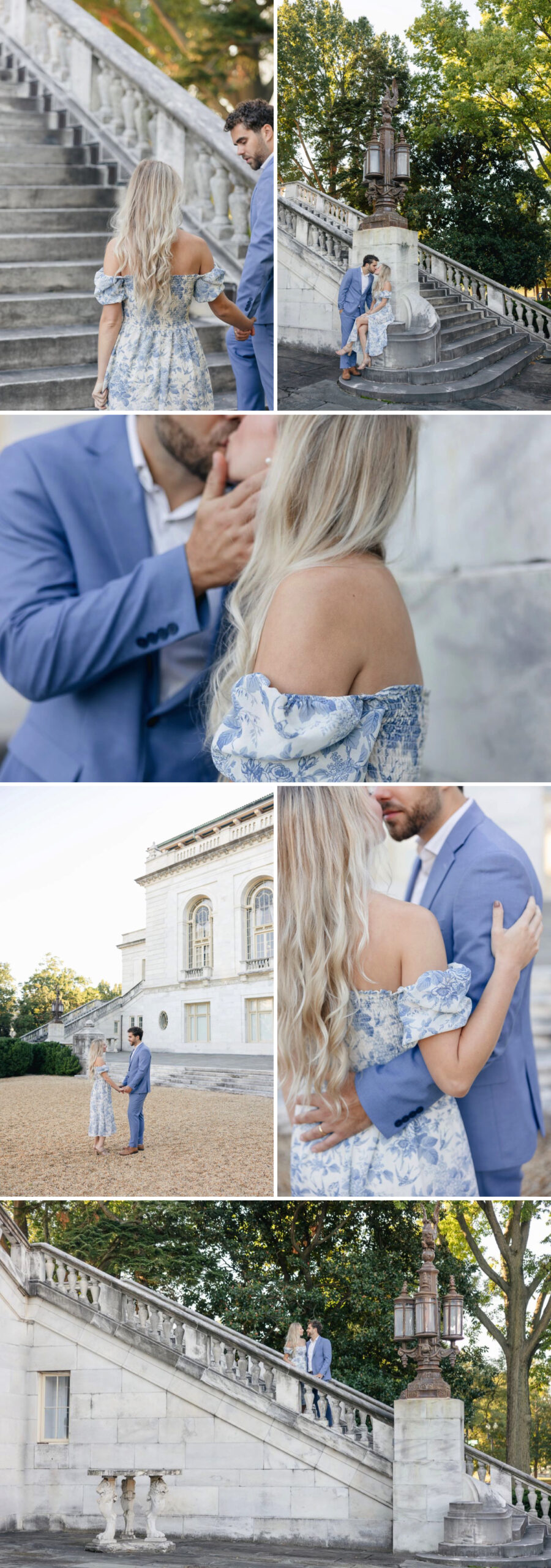 Man and woman on limestone staircase with vintage street lamps in Washington DC 