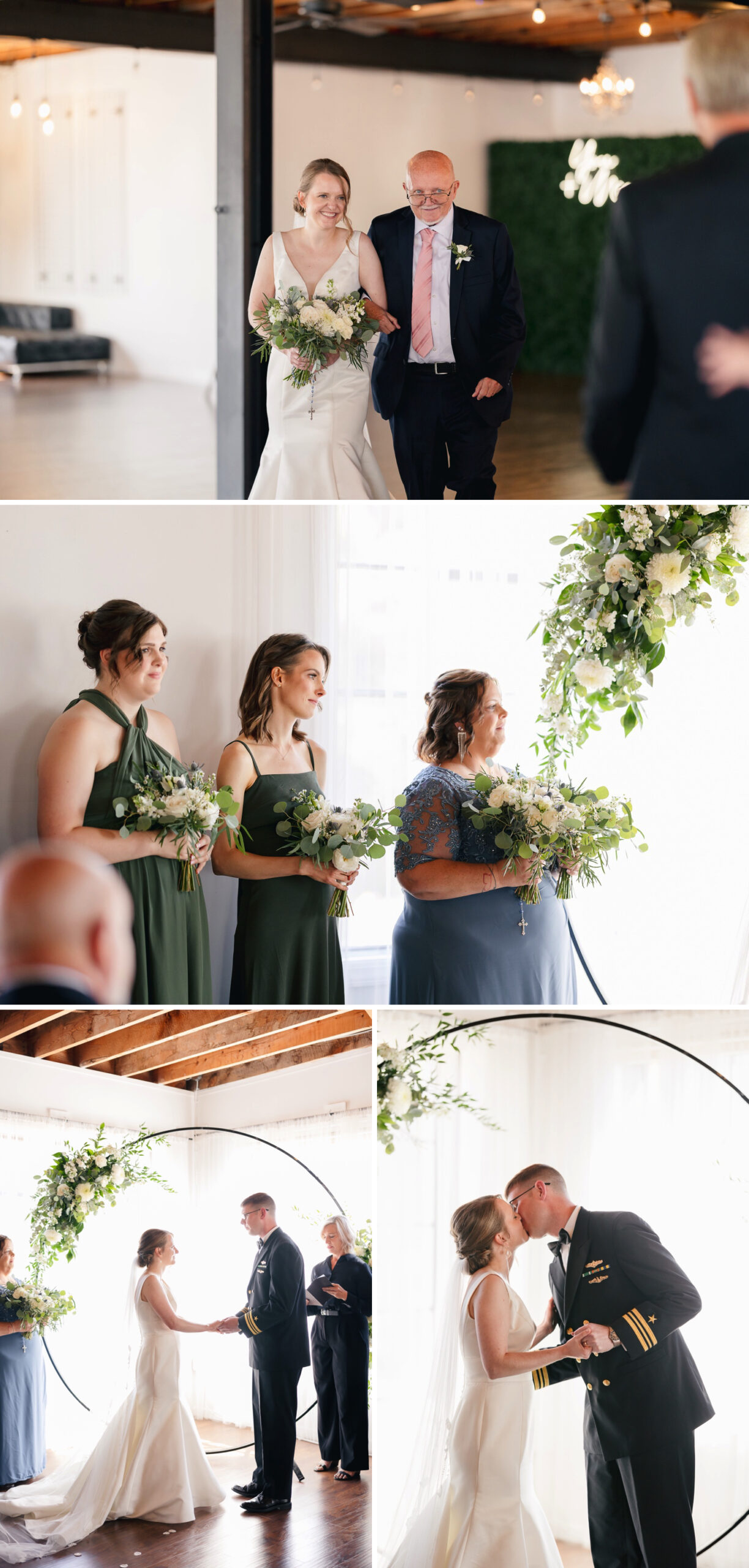 Wedding ceremony at The Refinery with circular arch decorated with white flowers and greenery