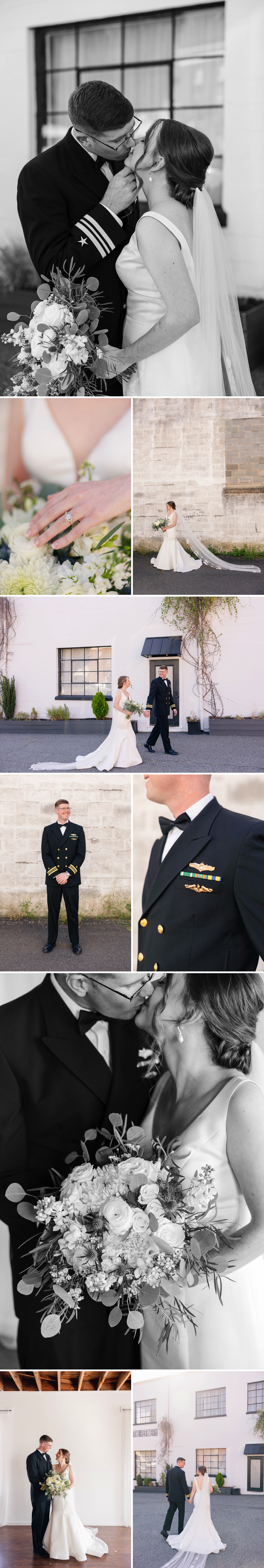 Newlywed portraits outside of The Refinery. Groom is wearing military uniform. 