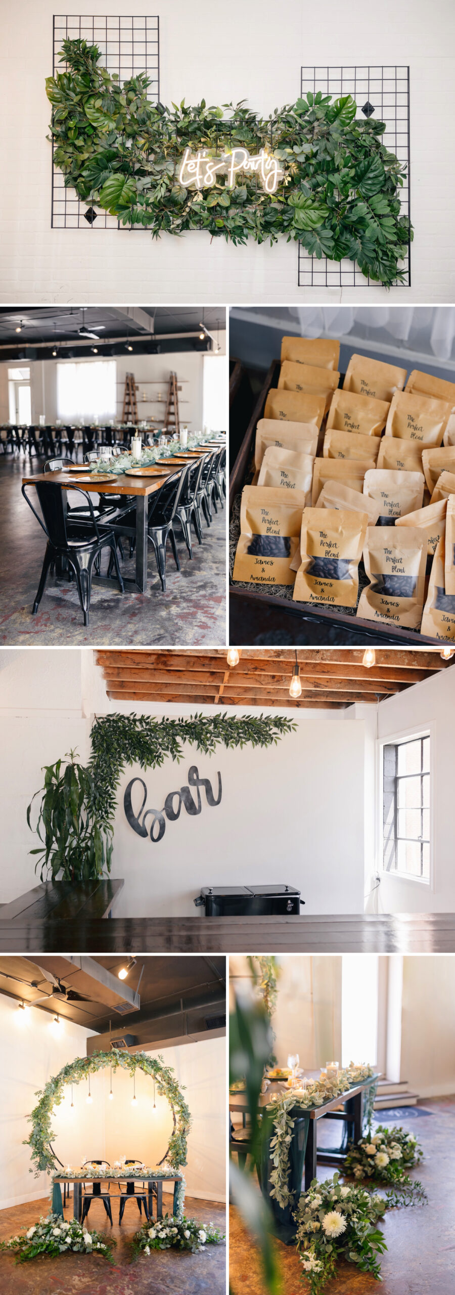 Industrial wedding reception space at The Refinery with green and white decor. 