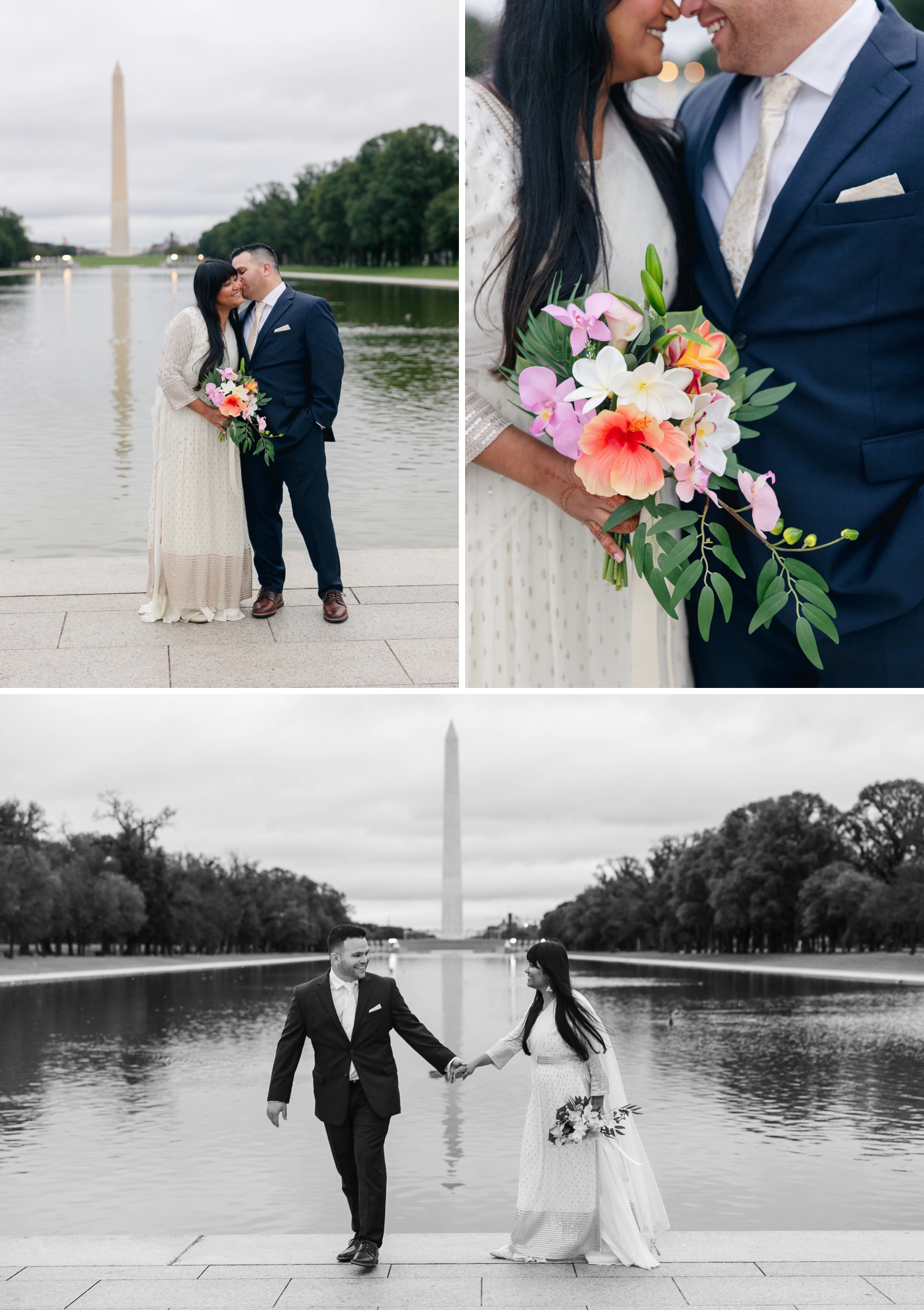 Couple on their wedding day in front of the Washington memorial and reflecting pool. 