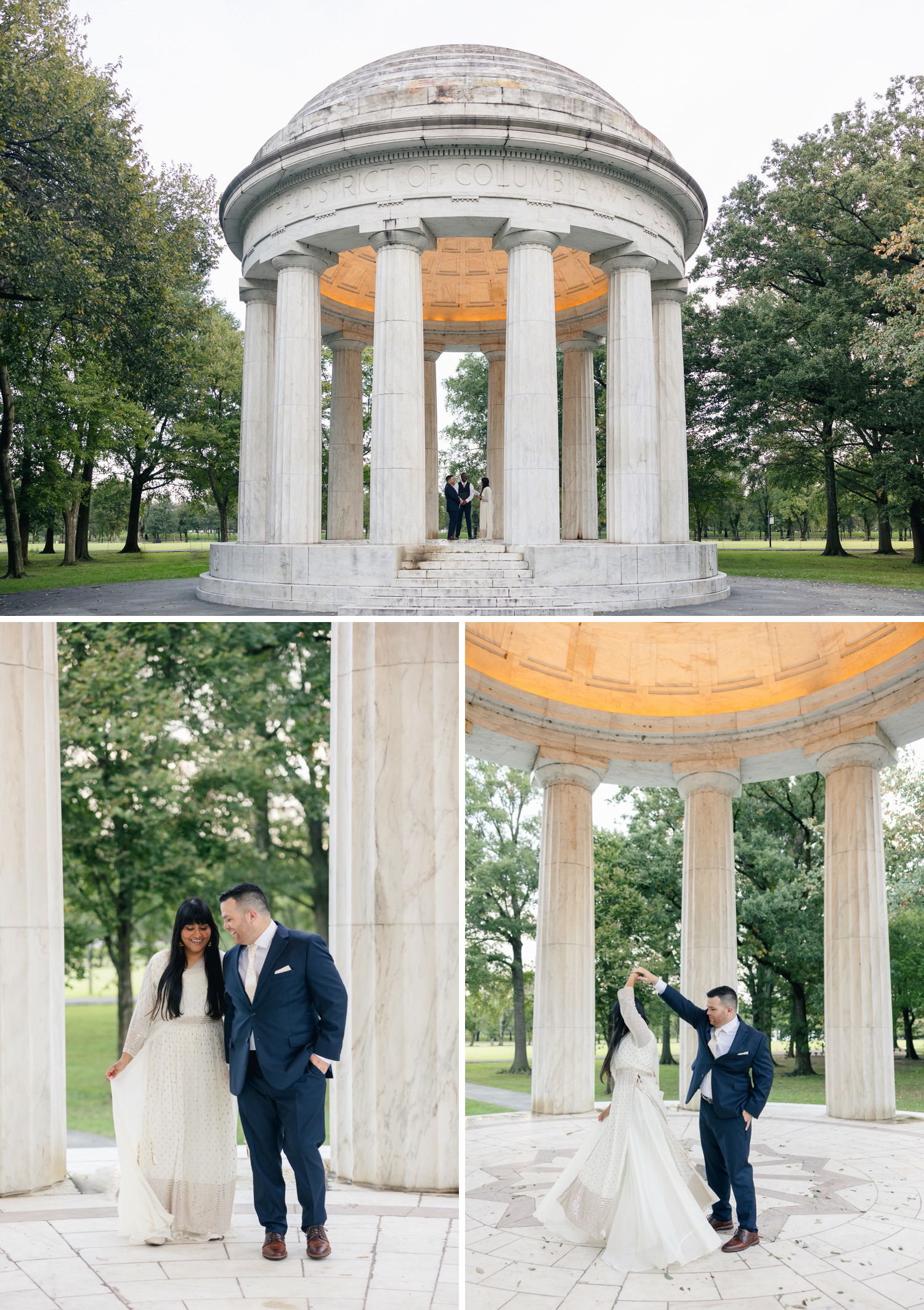 Couple having a destination wedding in Washington DC at the DC War Memorial. 